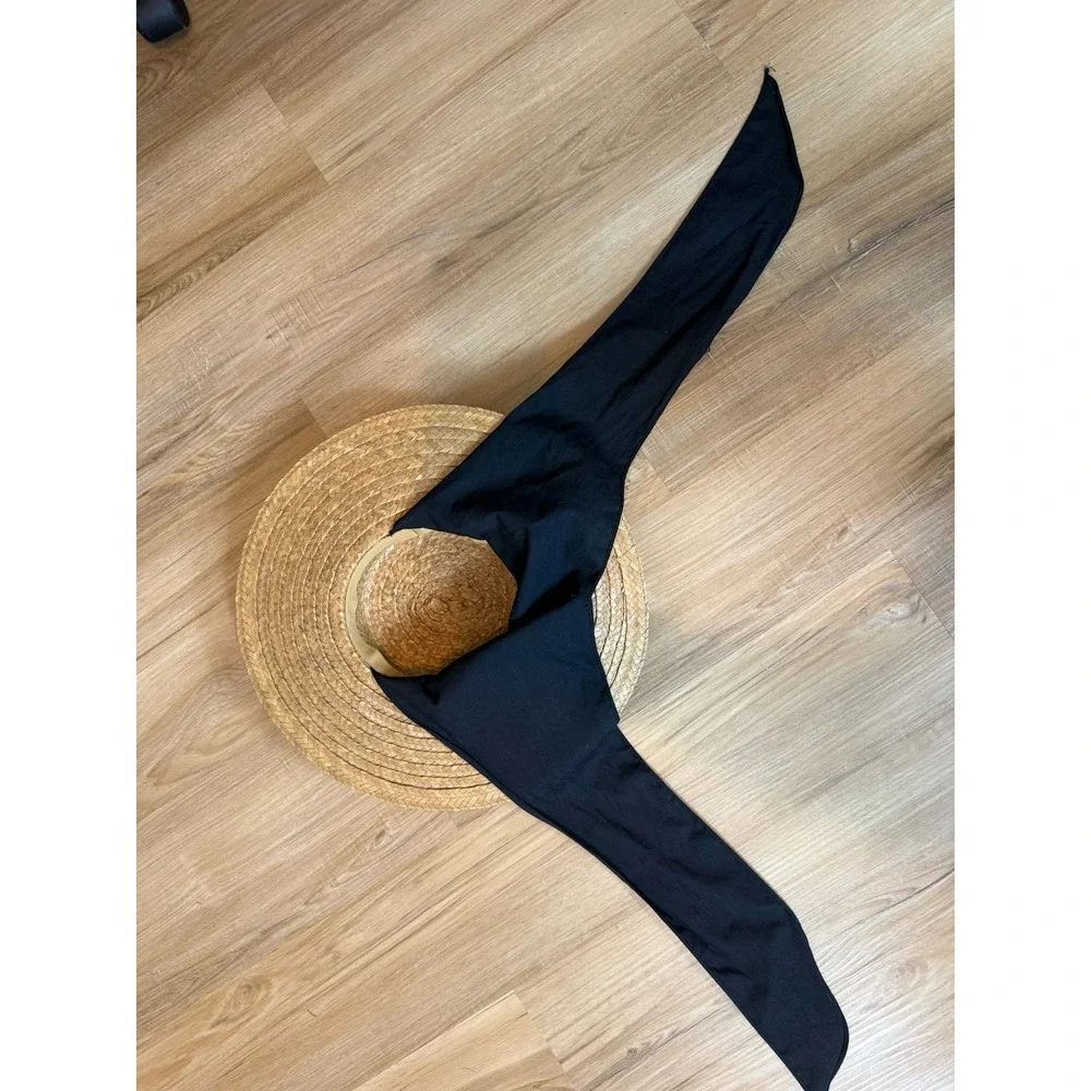 Vintage Straw Sun Hat Wide Brim Black Scarf Tie Garden Party Victorian Style 70s - Picture 9 of 9
